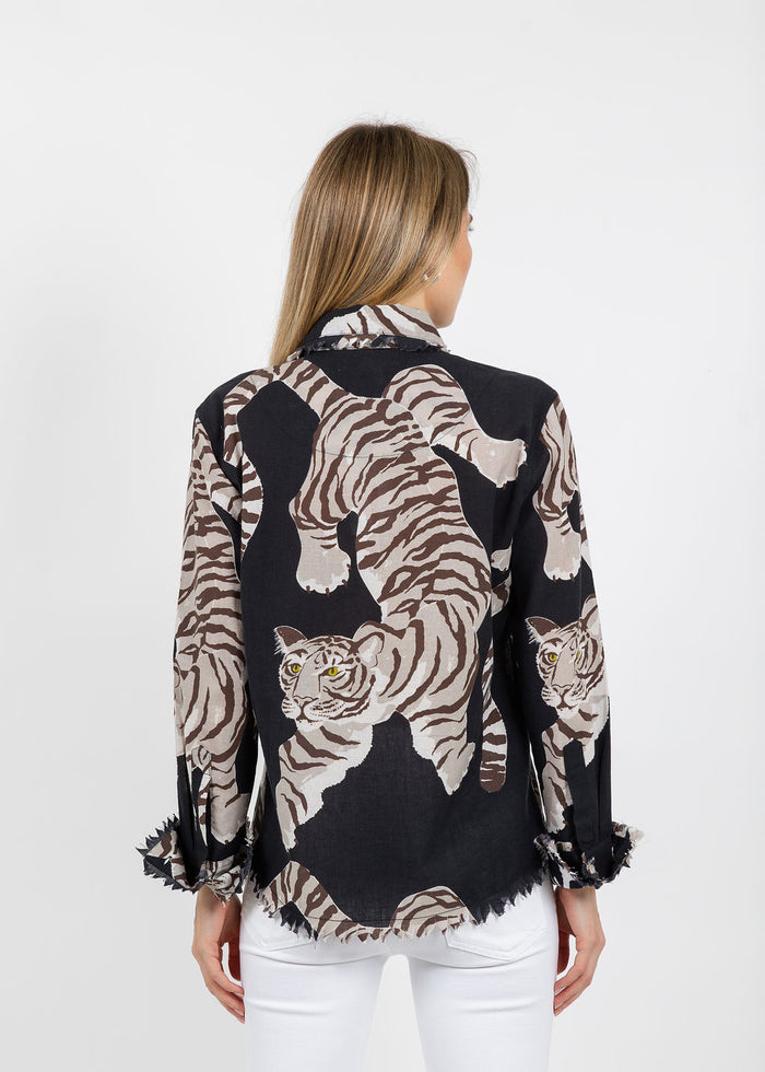 Dizzy-Lizzie Cape Cod Frayed Shirt in Big Cats Black available at Barbara Katz