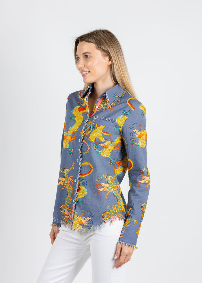 Dizzy-Lizzie Cape Cod Frayed Shirt in Blue Dragons available at Barbara Katz