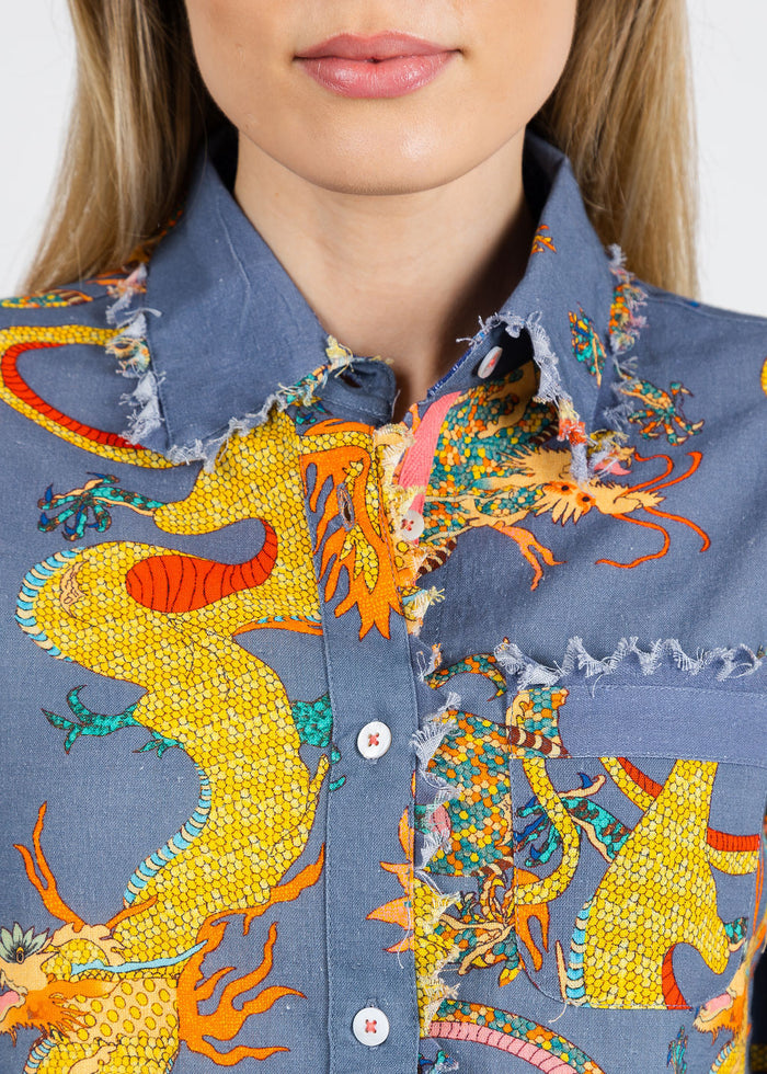Dizzy-Lizzie Cape Cod Frayed Shirt in Blue Dragons available at Barbara Katz