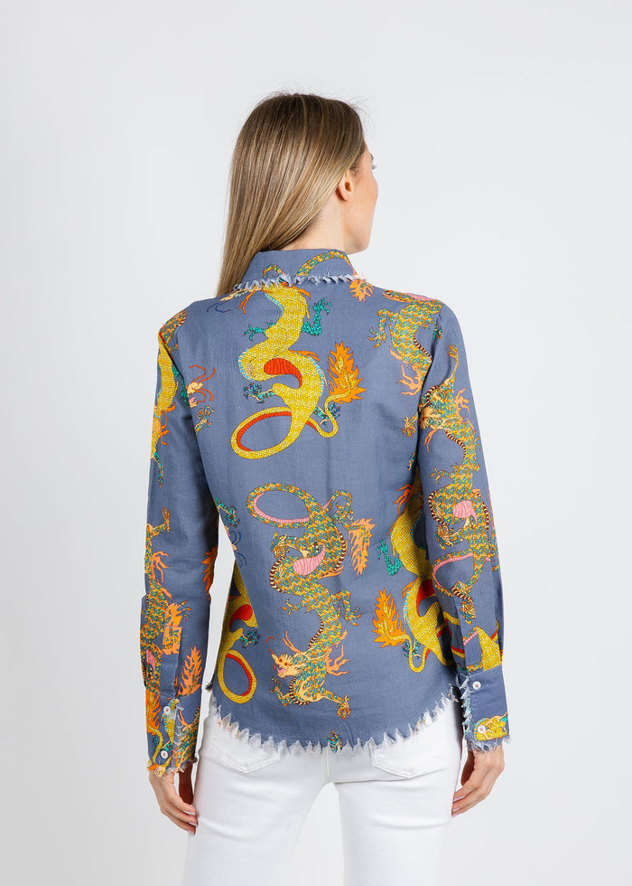 Dizzy-Lizzie Cape Cod Frayed Shirt in Blue Dragons available at Barbara Katz