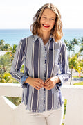 Dizzy-Lizzie Cape Cod Frayed Shirt - Blue Stripes available at Barbara Katz