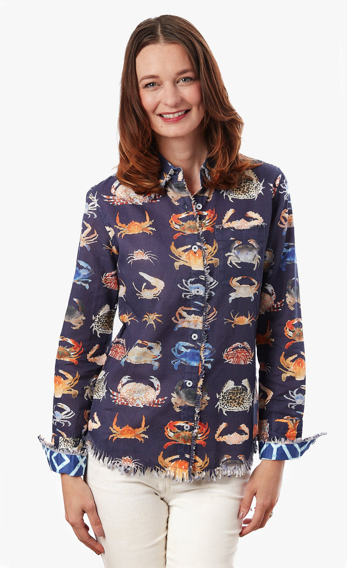 Cape Cod Frayed Shirt - Crab Print - Barbara Katz