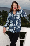 Dizzy-Lizzie Cape Cod Frayed Shirt - Denim with Gorgeous Print available at Barbara Katz