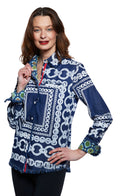Dizzy-Lizzie Cape Cod Frayed Shirt - Denim With White Links Pattern available at Barbara Katz