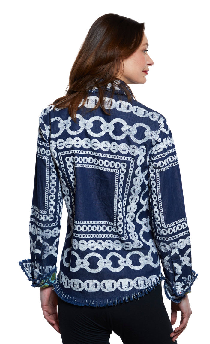 Dizzy-Lizzie Cape Cod Frayed Shirt - Denim With White Links Pattern available at Barbara Katz