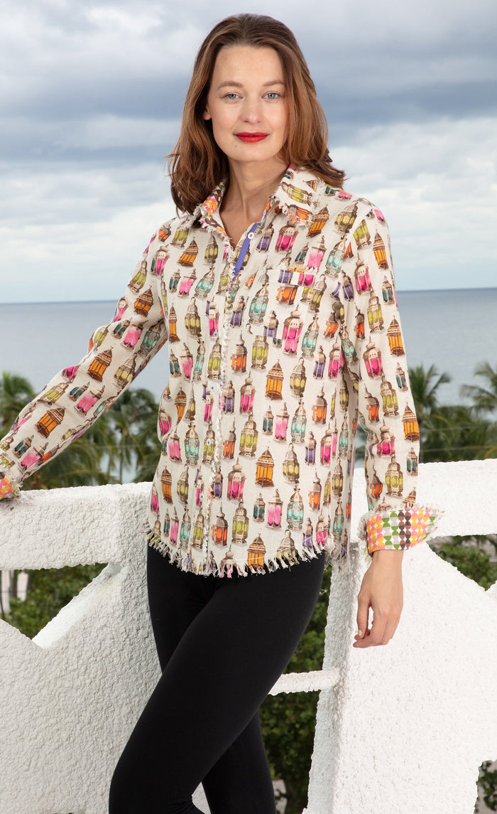 Dizzy-Lizzie Cape Cod Frayed Shirt - Moroccan Lantern Print available at Barbara Katz