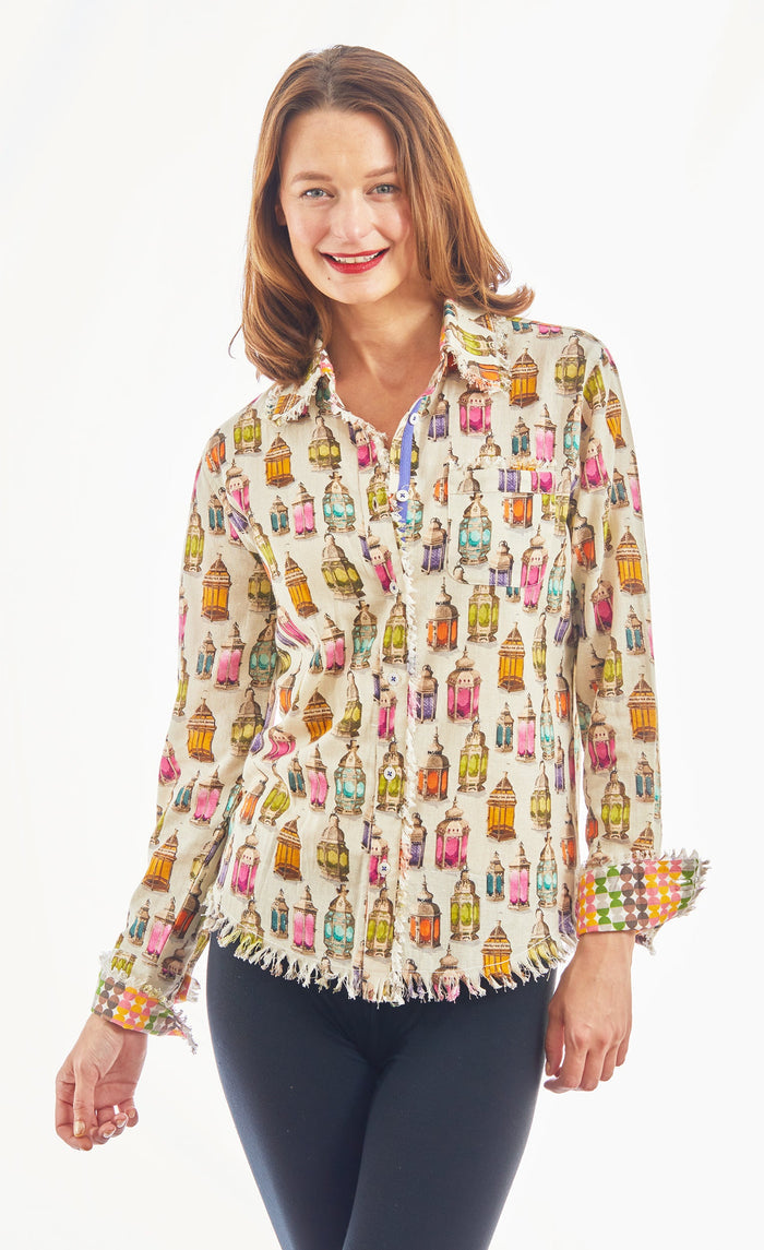 Dizzy-Lizzie Cape Cod Frayed Shirt - Moroccan Lantern Print available at Barbara Katz
