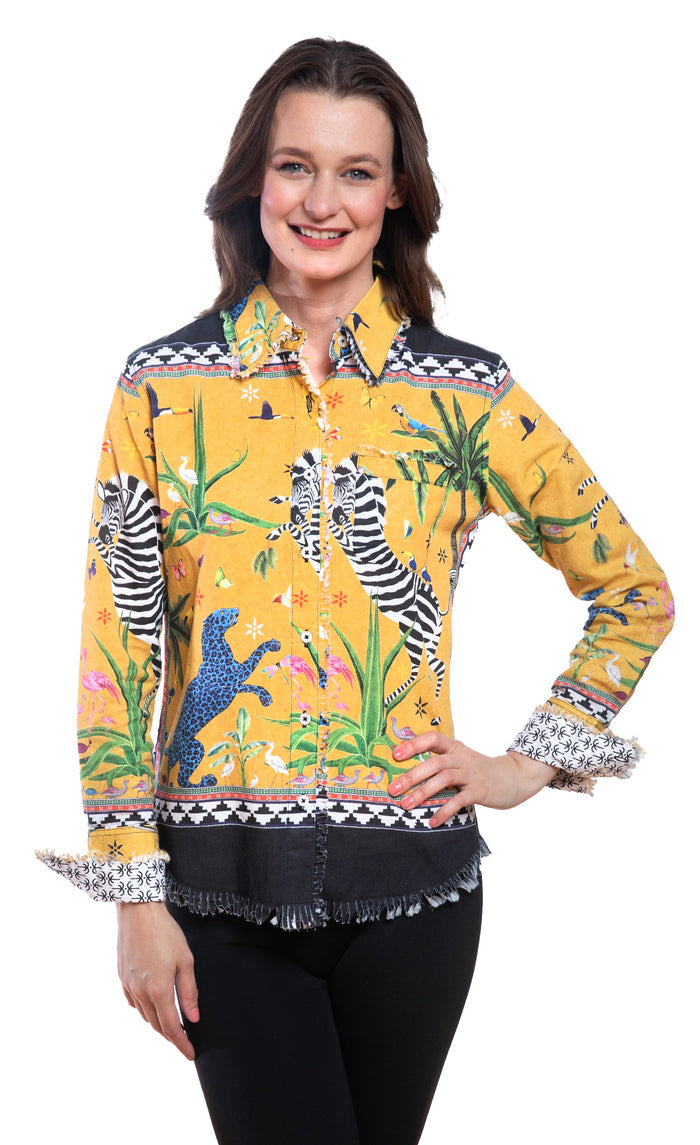 Dizzy-Lizzie Cape Cod Frayed Shirt - Mustard Animal available at Barbara Katz