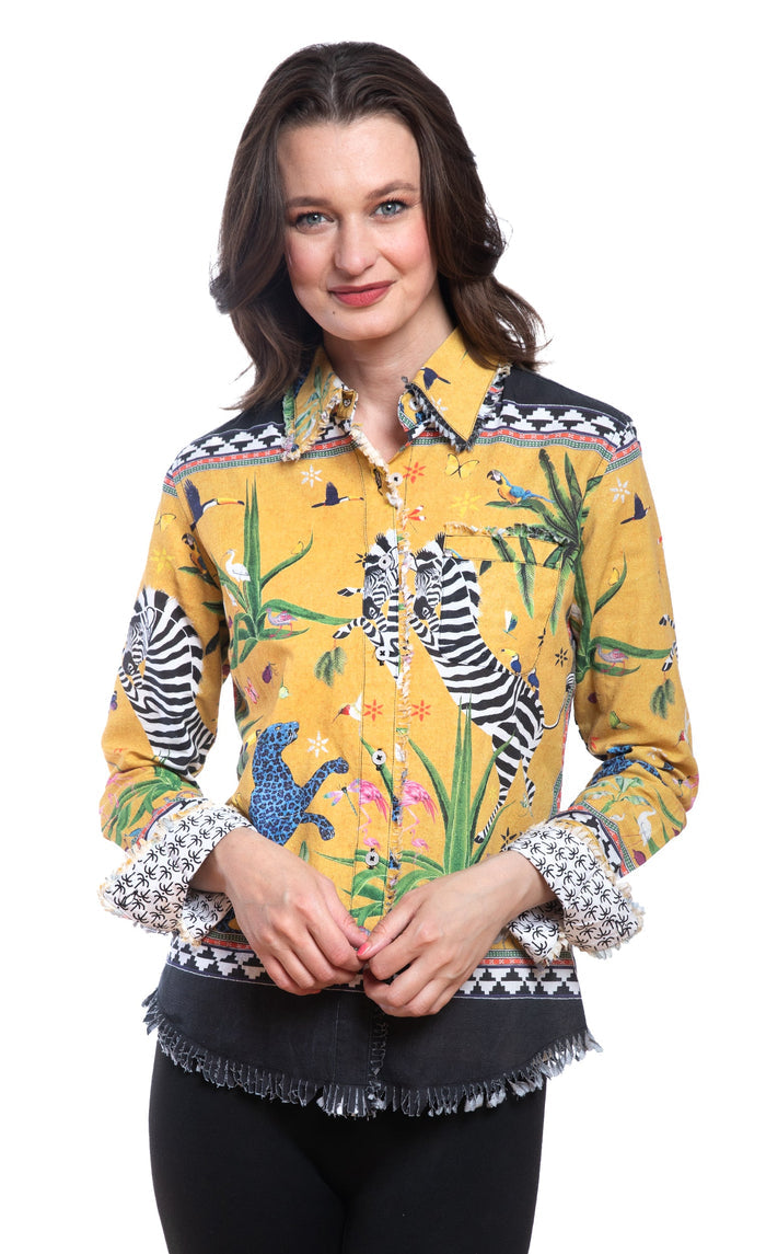 Dizzy-Lizzie Cape Cod Frayed Shirt - Mustard Animal available at Barbara Katz