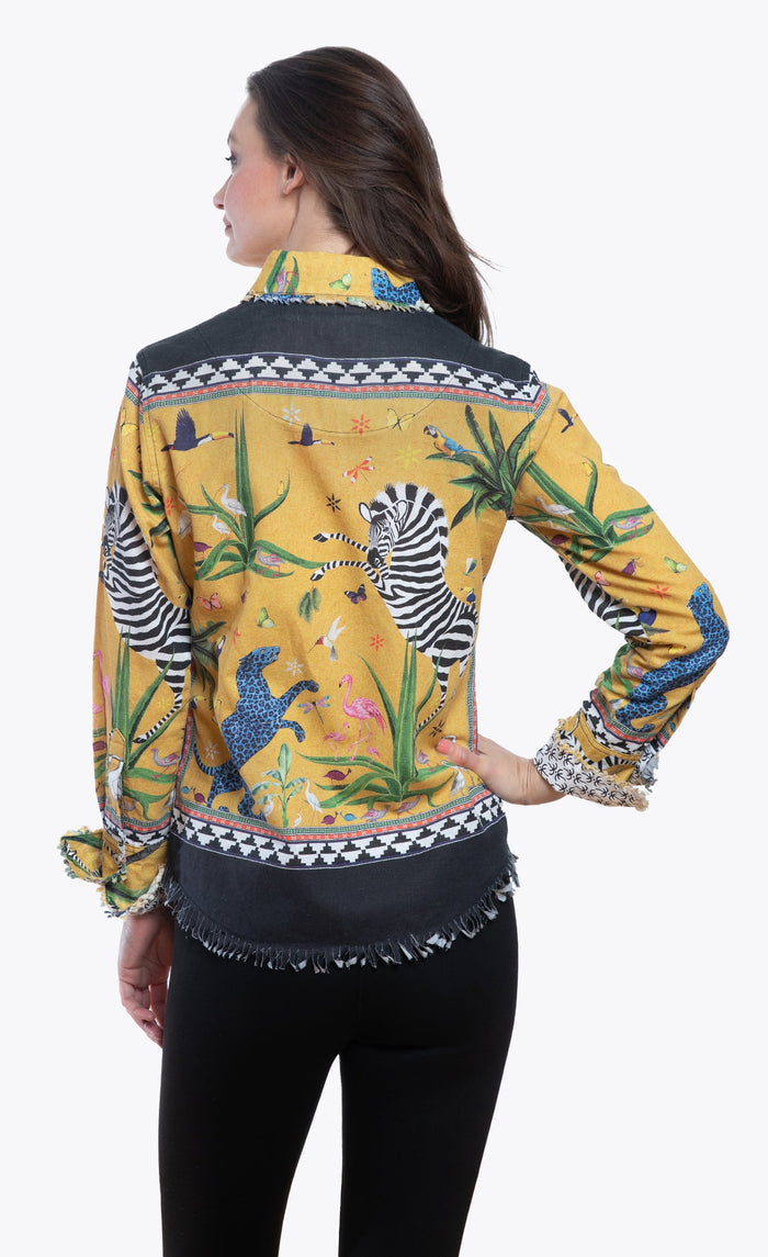 Dizzy-Lizzie Cape Cod Frayed Shirt - Mustard Animal available at Barbara Katz