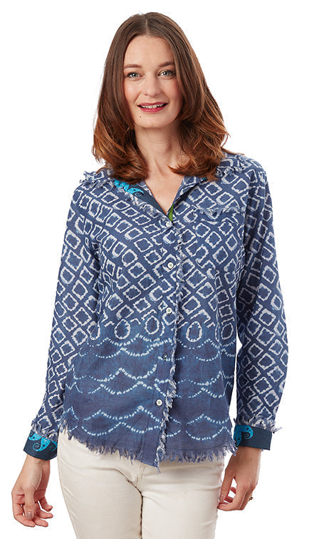 Dizzy-Lizzie Cape Cod Frayed Shirt - Navy White Ikat Print available at Barbara Katz