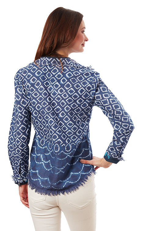 Dizzy-Lizzie Cape Cod Frayed Shirt - Navy White Ikat Print available at Barbara Katz