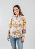 Dizzy-Lizzie Cape Cod Frayed Shirt in Pink with Dragon print available at Barbara Katz