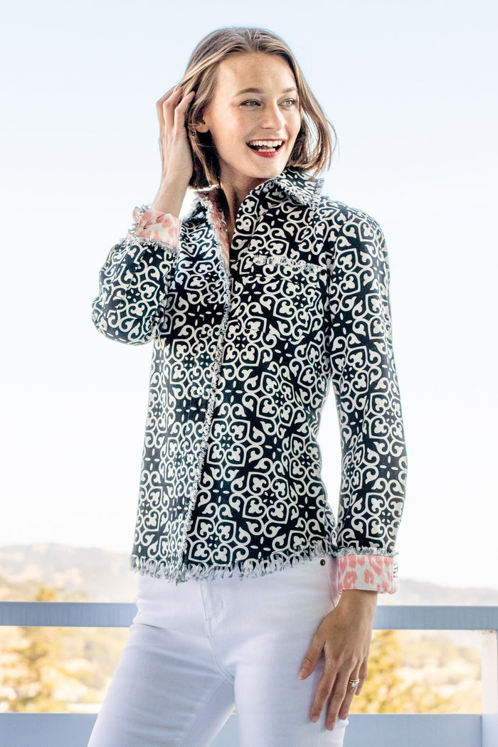 Dizzy-Lizzie Cape Cod Shirt - Black & White Geometric Print available at Barbara Katz