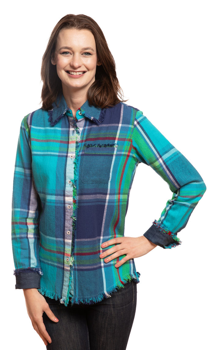 Dizzy-Lizzie Cape Cod Top - Blues Yarndyed Plaid available at Barbara Katz