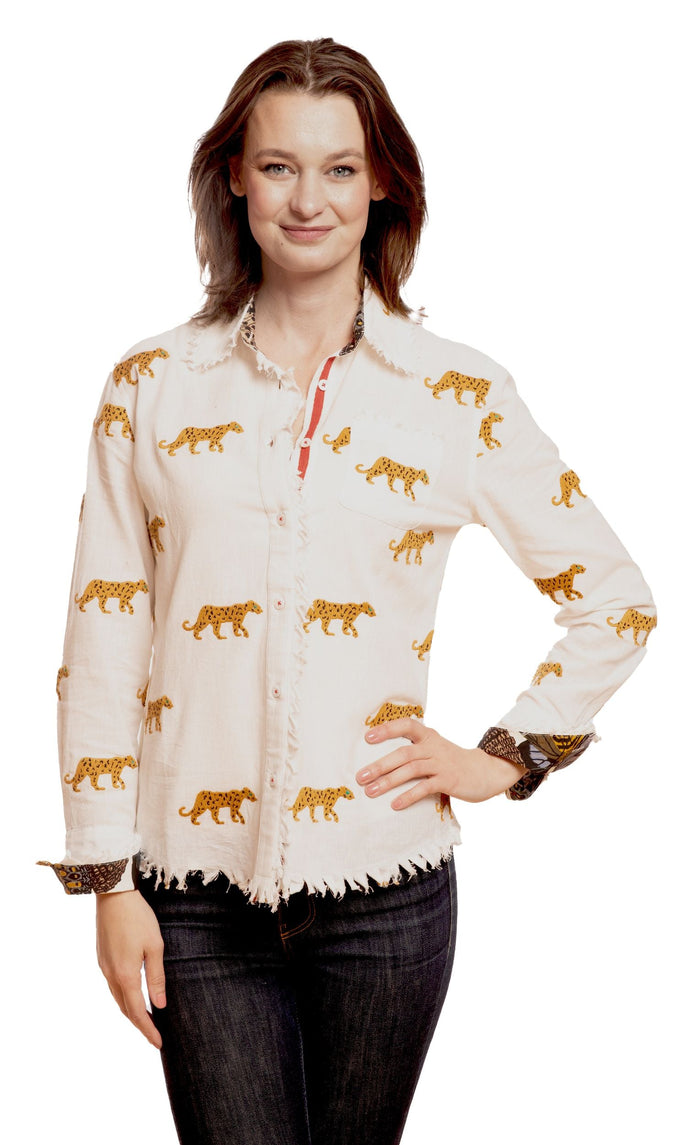 Dizzy-Lizzie Cape Cod Top - Ivory with Cheetah Embroidery available at Barbara Katz