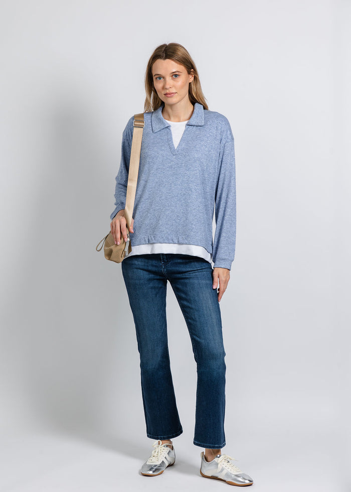 Nally & Millie Carmen Cashmere Like Layered Polo in Denim available at Barbara Katz