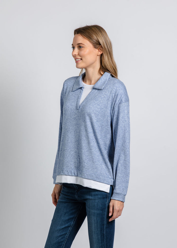 Nally & Millie Carmen Cashmere Like Layered Polo in Denim available at Barbara Katz