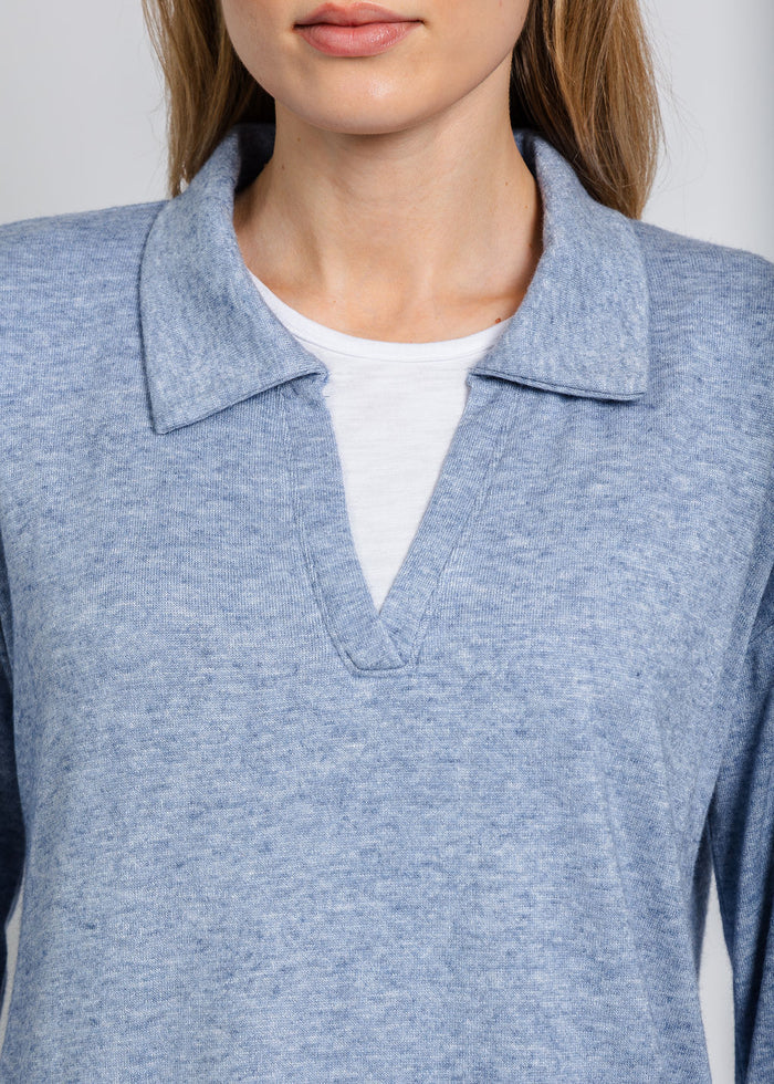 Nally & Millie Carmen Cashmere Like Layered Polo in Denim available at Barbara Katz