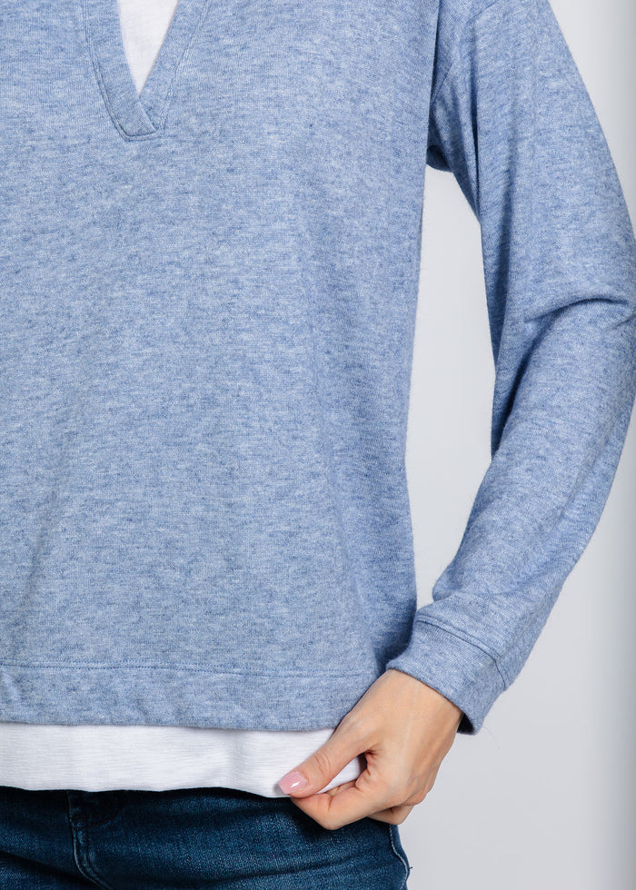 Nally & Millie Carmen Cashmere Like Layered Polo in Denim available at Barbara Katz