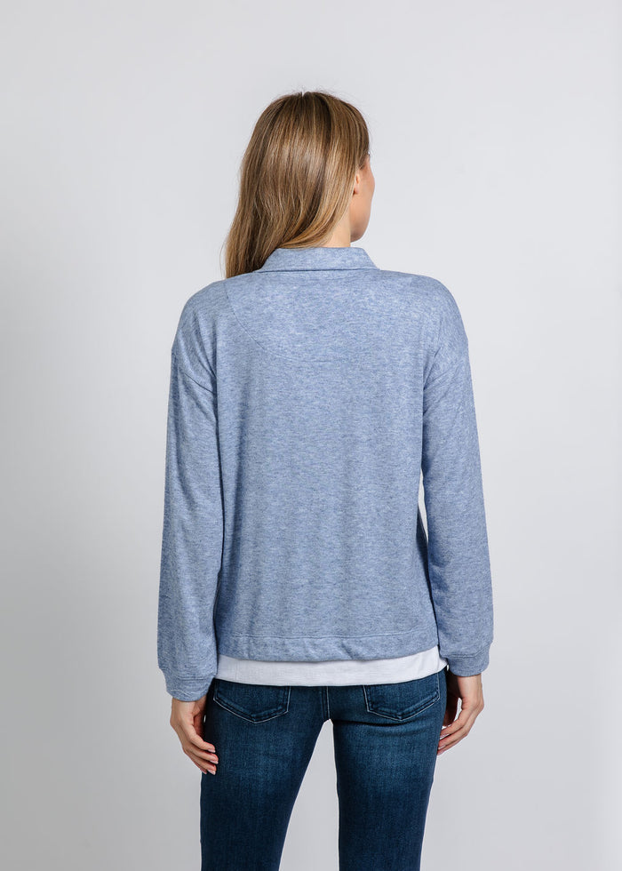 Nally & Millie Carmen Cashmere Like Layered Polo in Denim available at Barbara Katz