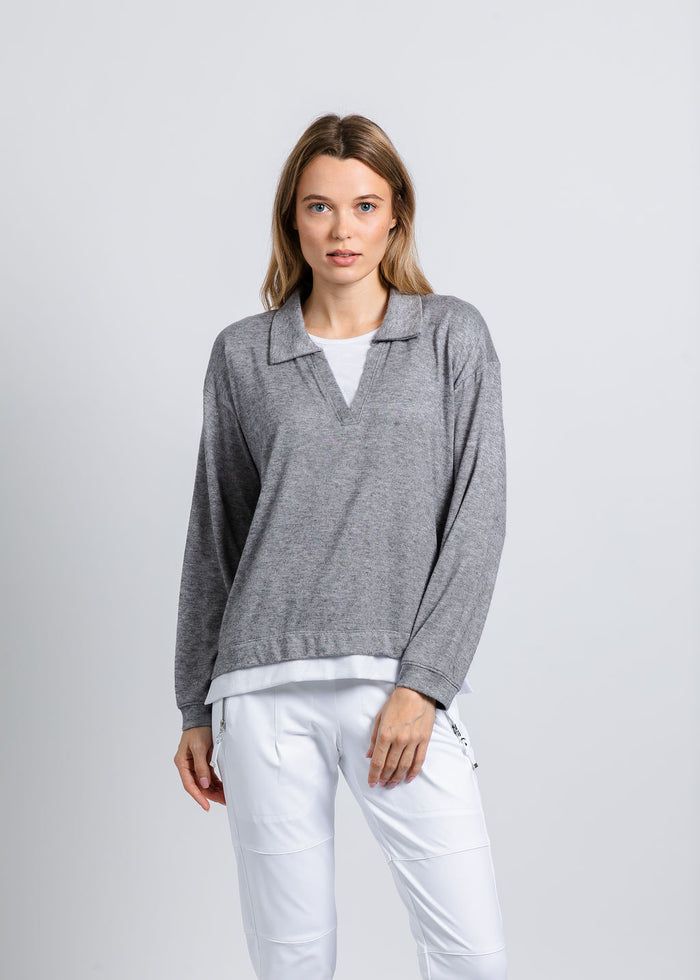 Nally & Millie Carmen Cashmere Like Layered Polo in Heather Grey available at Barbara Katz