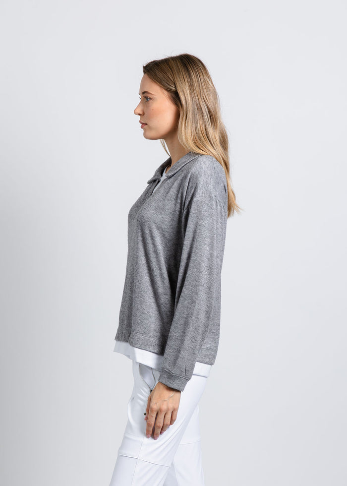 Nally & Millie Carmen Cashmere Like Layered Polo in Heather Grey available at Barbara Katz