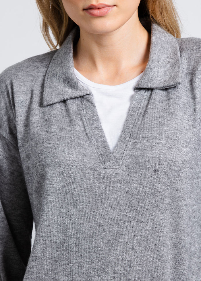 Nally & Millie Carmen Cashmere Like Layered Polo in Heather Grey available at Barbara Katz