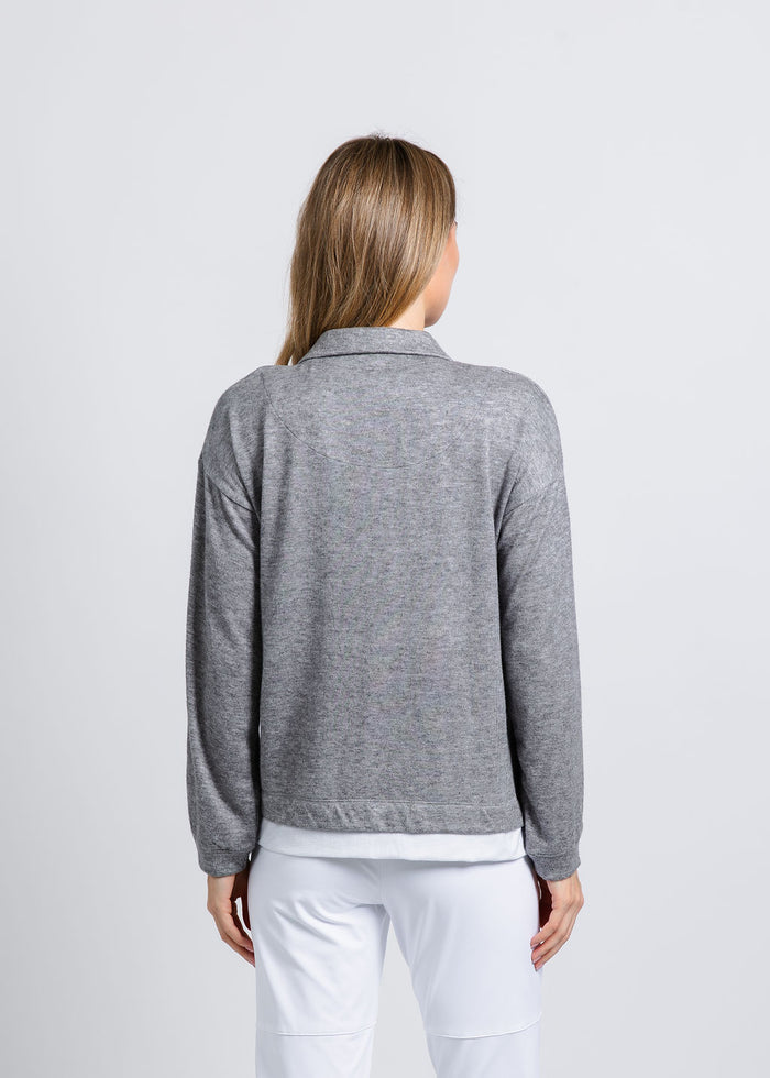Nally & Millie Carmen Cashmere Like Layered Polo in Heather Grey available at Barbara Katz