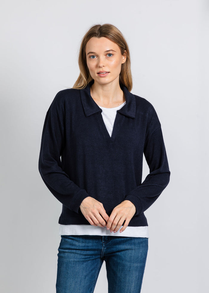 Nally & Millie Carmen Cashmere Like Layered Polo in Midnight available at Barbara Katz