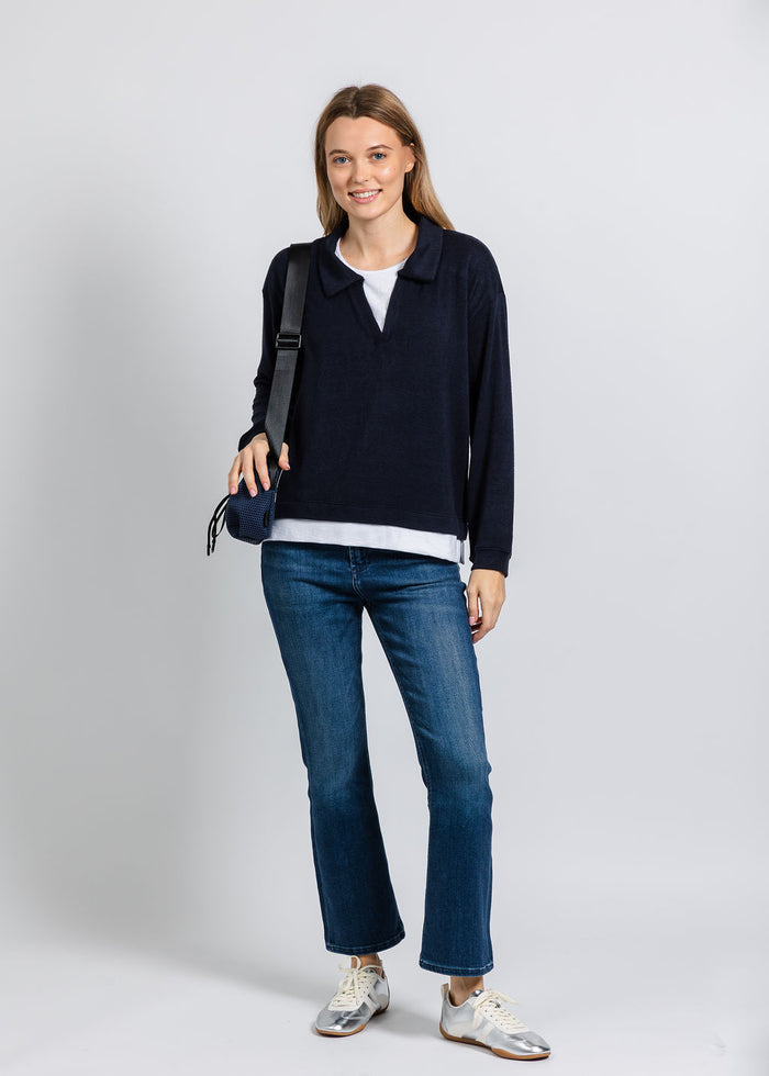 Nally & Millie Carmen Cashmere Like Layered Polo in Midnight available at Barbara Katz