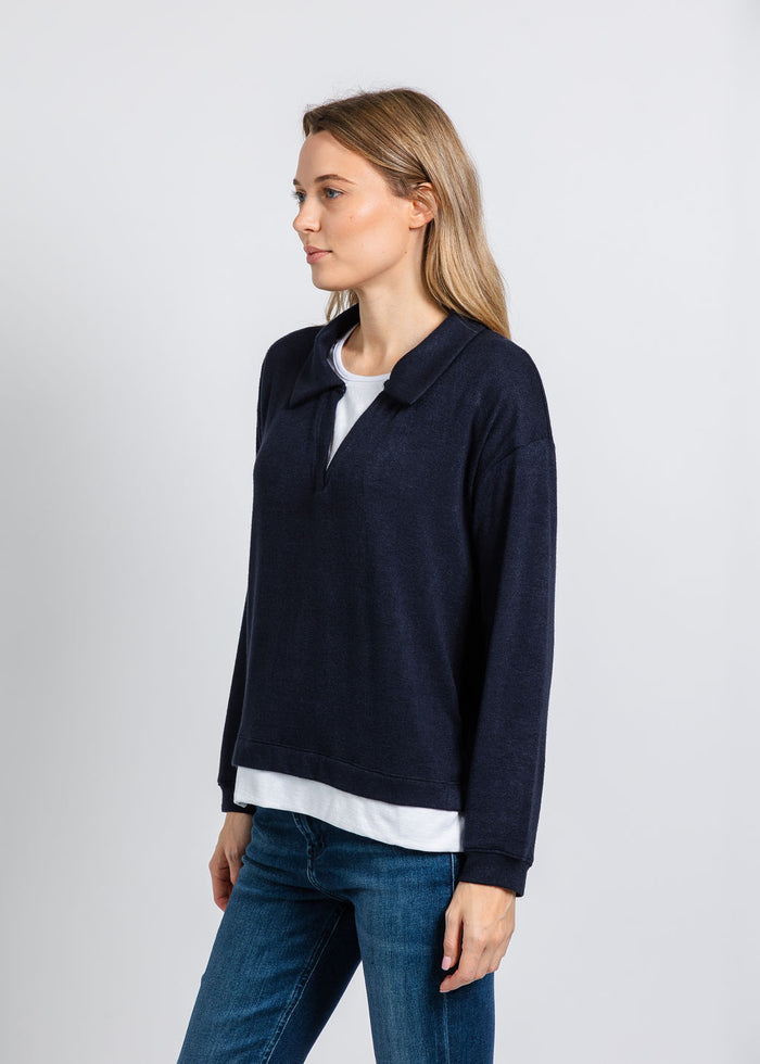 Nally & Millie Carmen Cashmere Like Layered Polo in Midnight available at Barbara Katz
