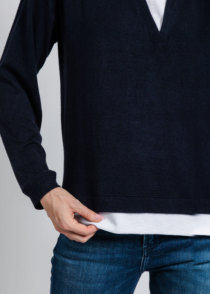 Nally & Millie Carmen Cashmere Like Layered Polo in Midnight available at Barbara Katz
