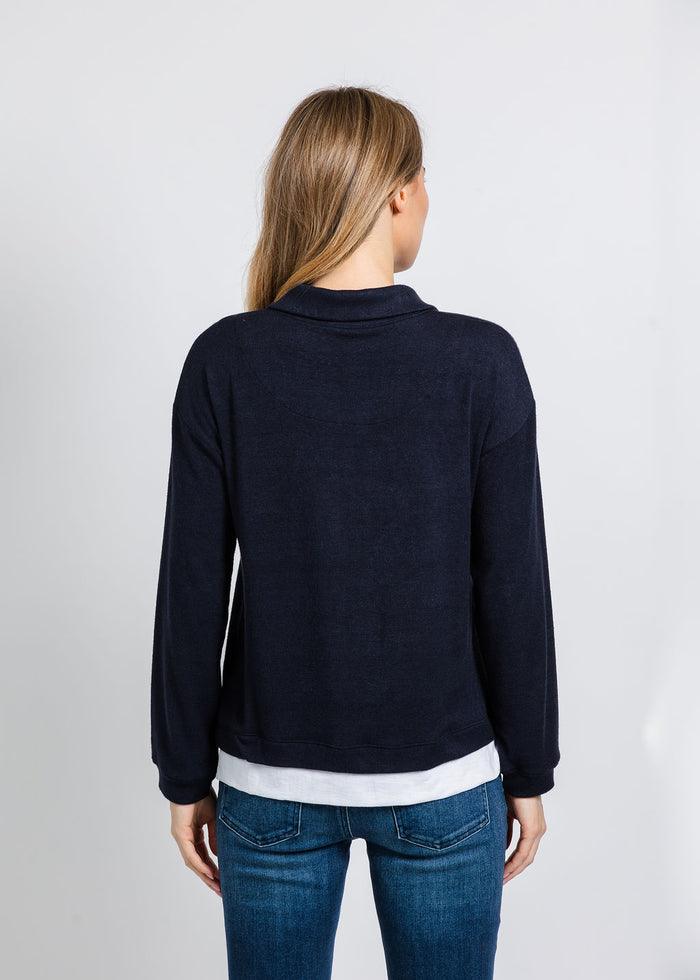 Nally & Millie Carmen Cashmere Like Layered Polo in Midnight available at Barbara Katz