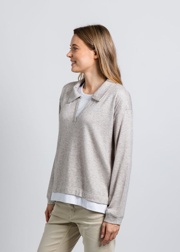 Nally & Millie Carmen Cashmere Like Layered Polo in Oatmeal available at Barbara Katz