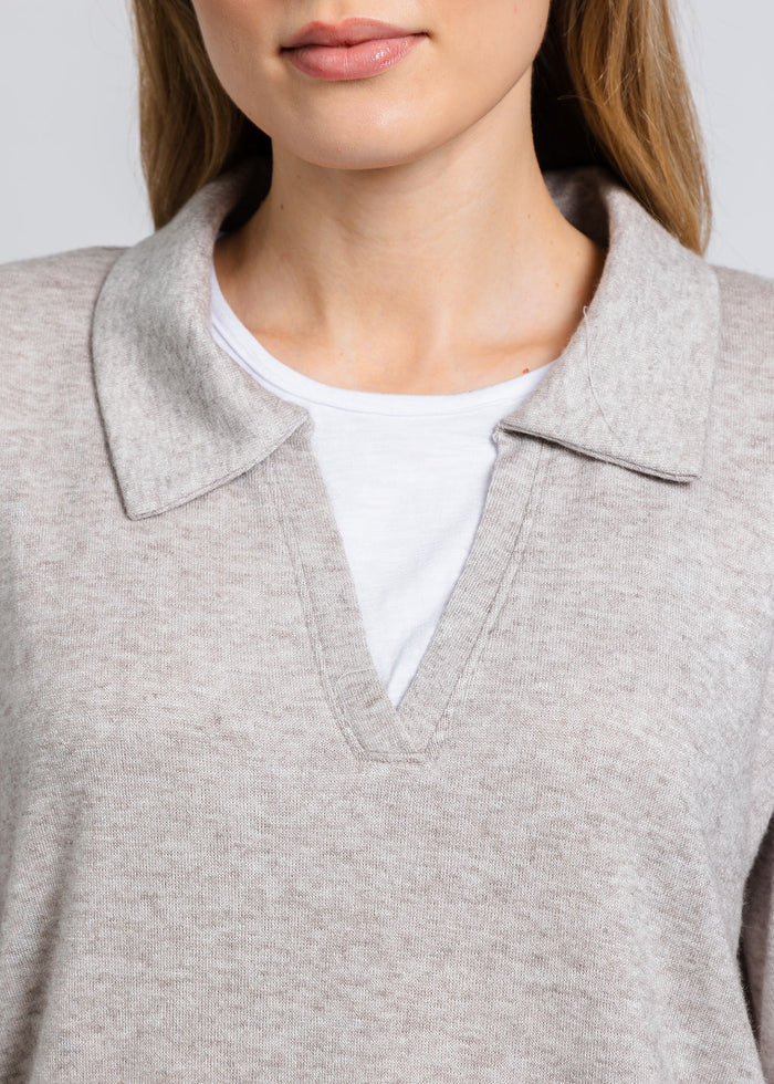 Nally & Millie Carmen Cashmere Like Layered Polo in Oatmeal available at Barbara Katz