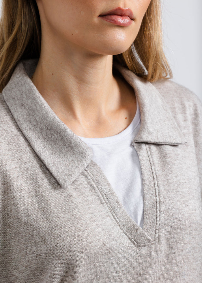 Nally & Millie Carmen Cashmere Like Layered Polo in Oatmeal available at Barbara Katz