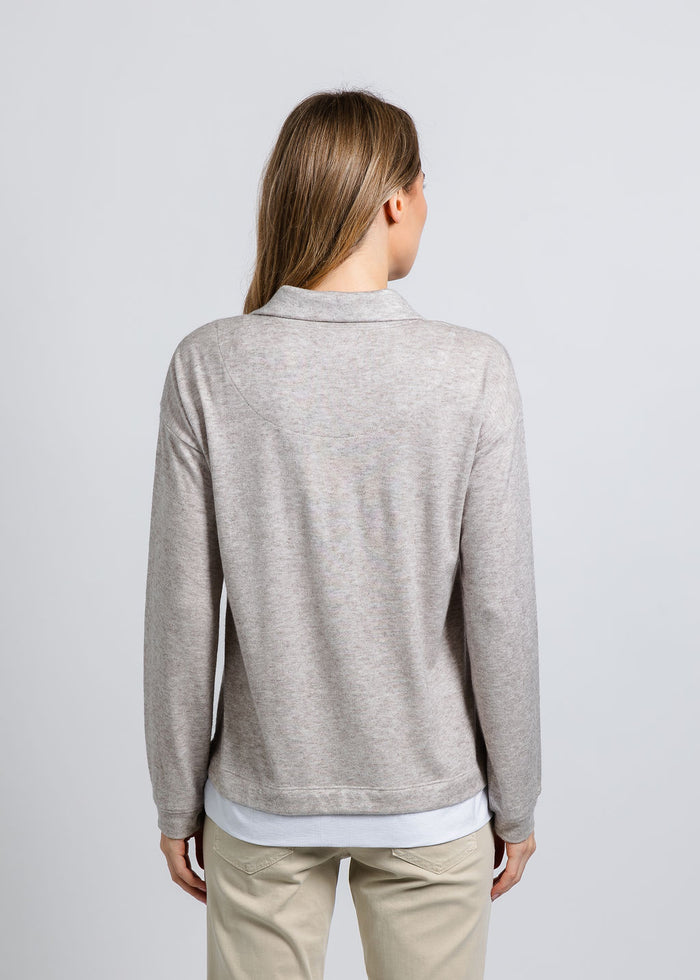 Nally & Millie Carmen Cashmere Like Layered Polo in Oatmeal available at Barbara Katz