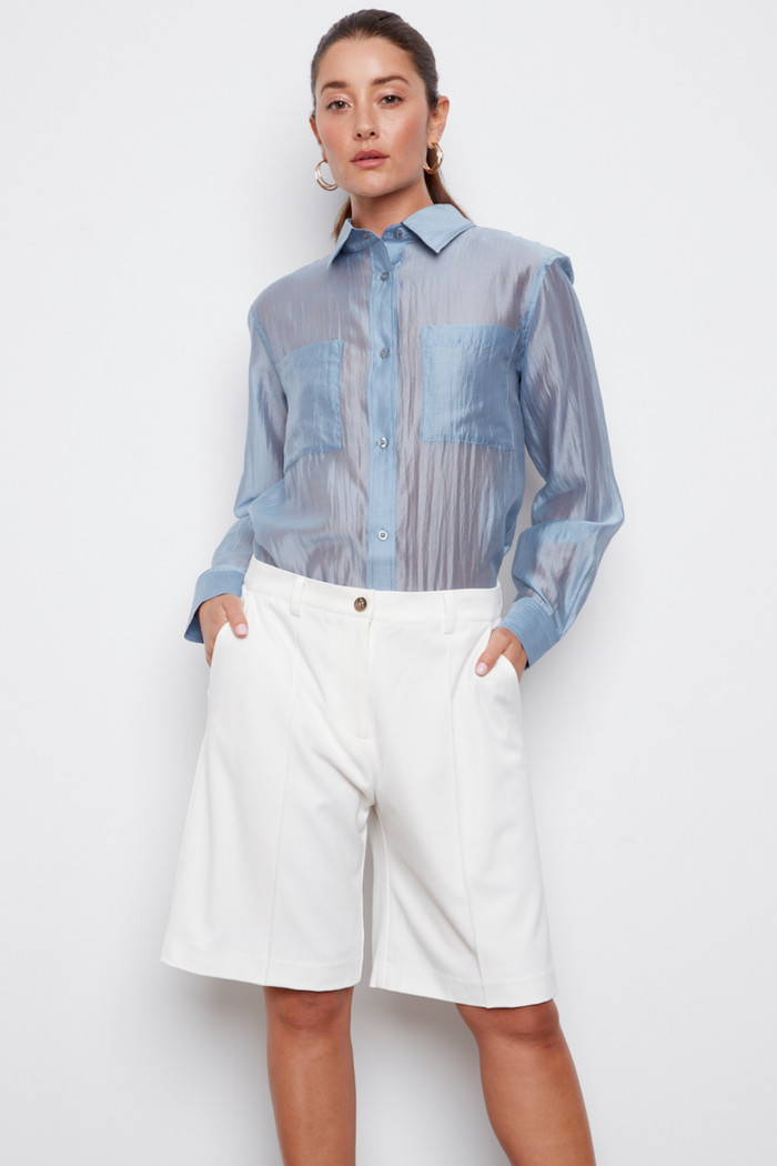 Adroit Atelier Carson Wide Leg Bermuda Shorts in White available at Barbara Katz