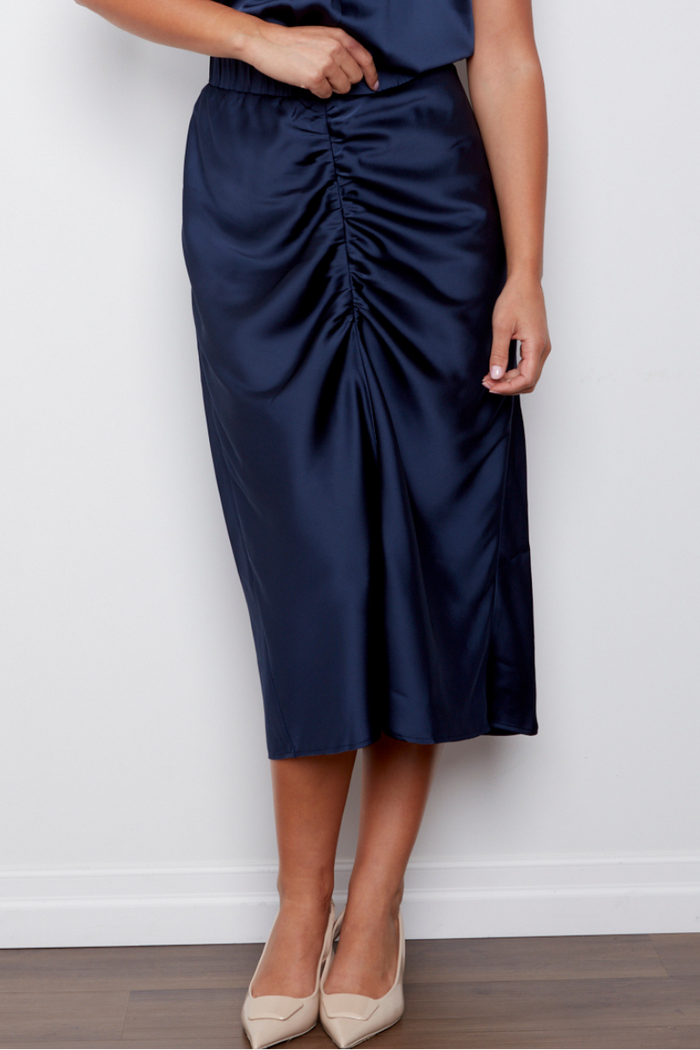 Adroit Atelier Cayleen Tulip Shaped Elastic Waist Skirt in Navy available at Barbara Katz