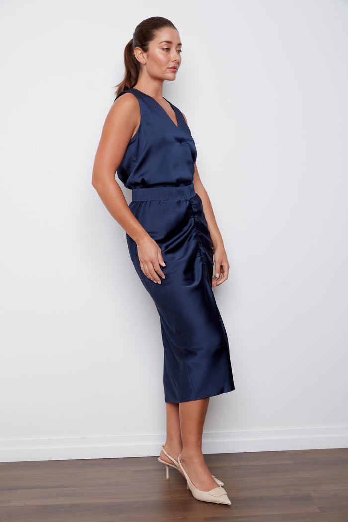 Adroit Atelier Cayleen Tulip Shaped Elastic Waist Skirt in Navy available at Barbara Katz