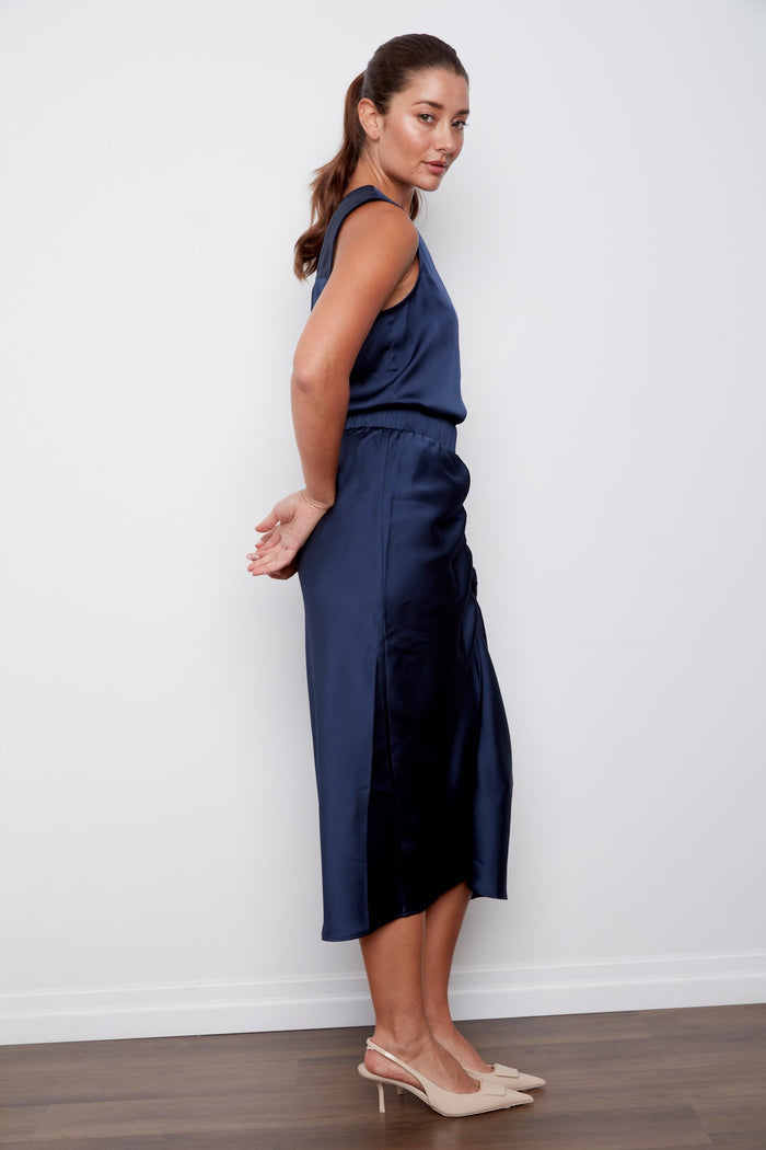 Adroit Atelier Cayleen Tulip Shaped Elastic Waist Skirt in Navy available at Barbara Katz
