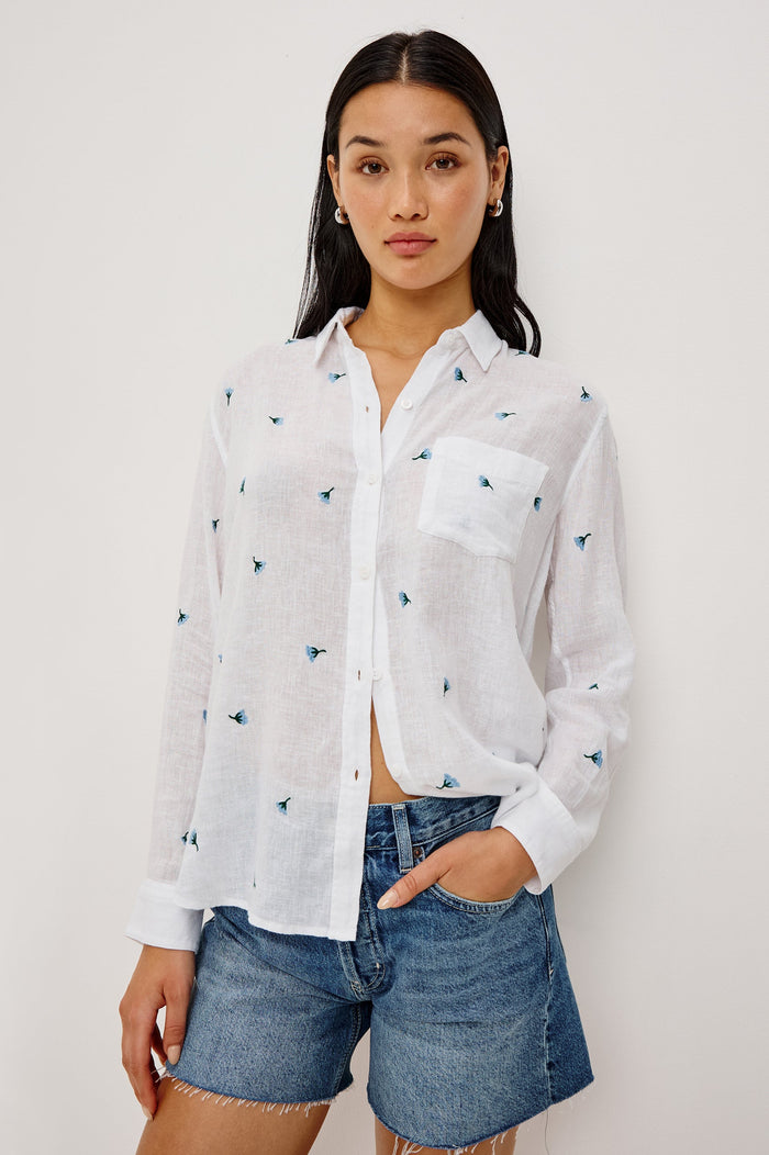 Rails Charli Linen/Rayon Shirt in Bluebell Carnations print available at Barbara Katz