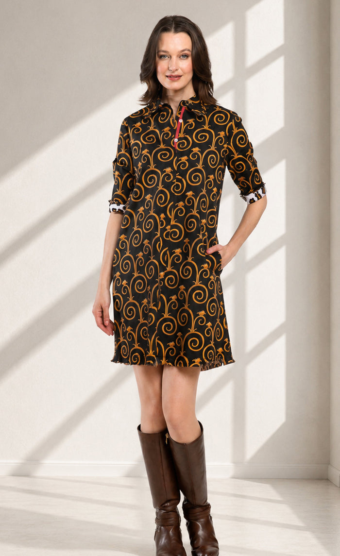 Dizzy-Lizzie Chatham Dress - Black and Gold Swirl Print available at Barbara Katz