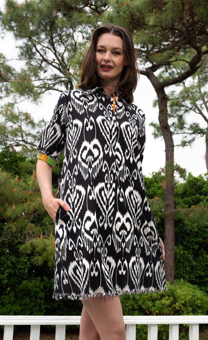 Dizzy-Lizzie Chatham Dress in Black and White Ikat Print available at Barbara Katz