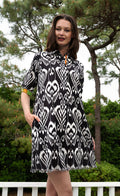 Dizzy-Lizzie Chatham Dress in Black and White Ikat Print available at Barbara Katz