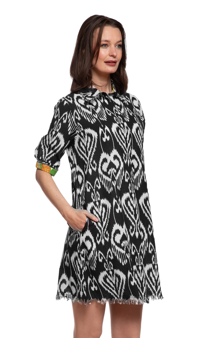 Dizzy-Lizzie Chatham Dress in Black and White Ikat Print available at Barbara Katz