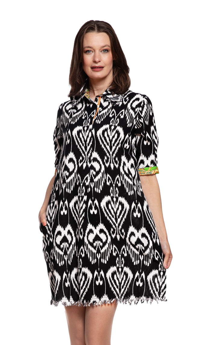 Dizzy-Lizzie Chatham Dress in Black and White Ikat Print available at Barbara Katz