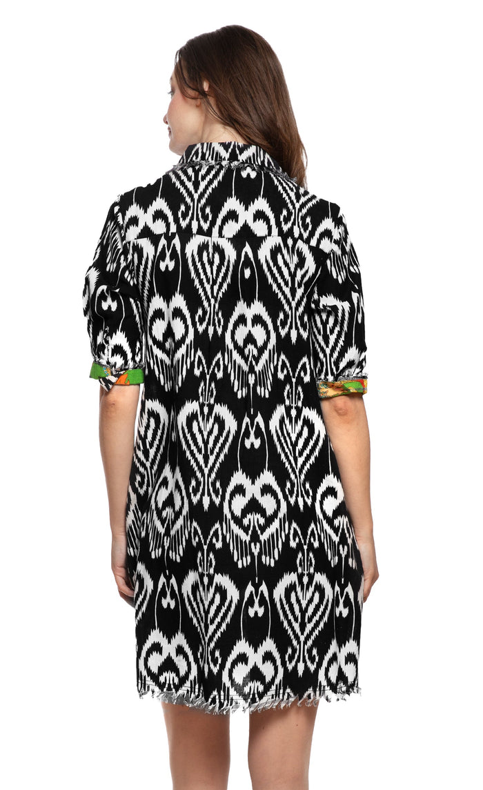 Dizzy-Lizzie Chatham Dress in Black and White Ikat Print available at Barbara Katz