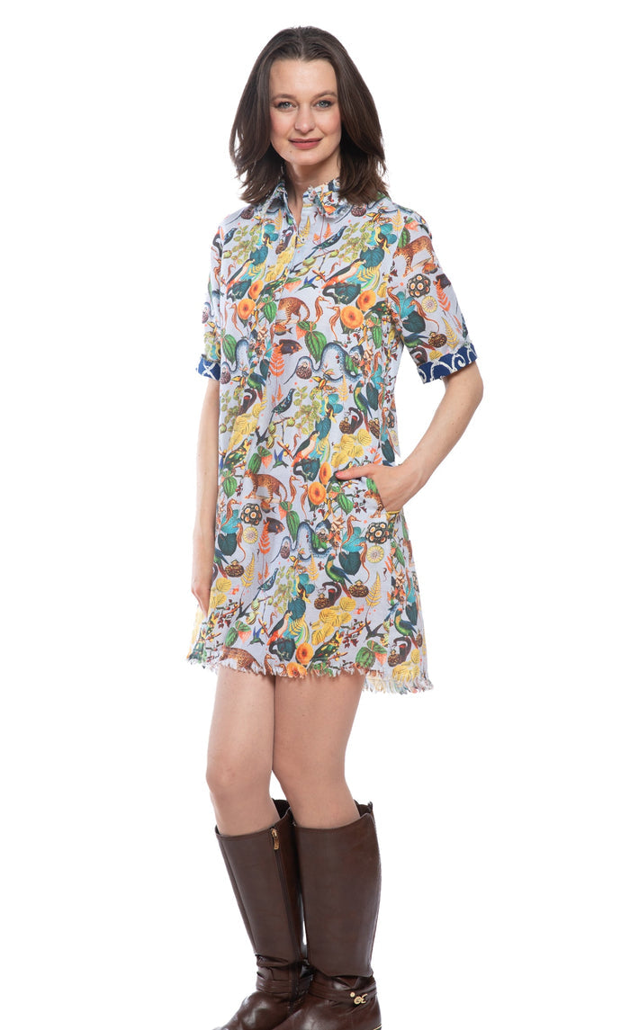 Dizzy-Lizzie Chatham Dress - Blue Flowers and Creatures Print available at Barbara Katz